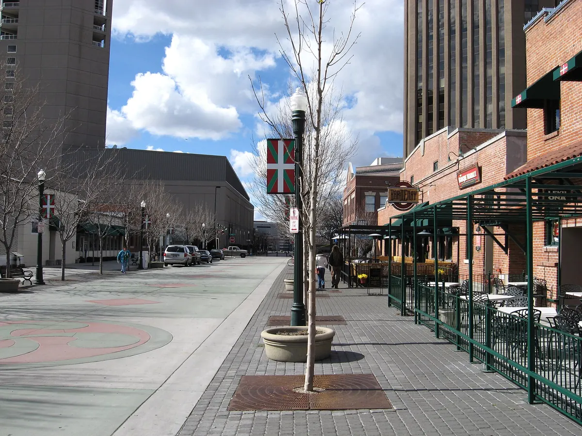 Basque flag and brick buildings on downtown Boise's Basque Block